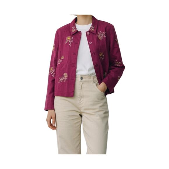 Napa Valley Tops - Vintage 90s Embroidered Rayon Blazer Top Burgundy Petite Medium Romance Boho